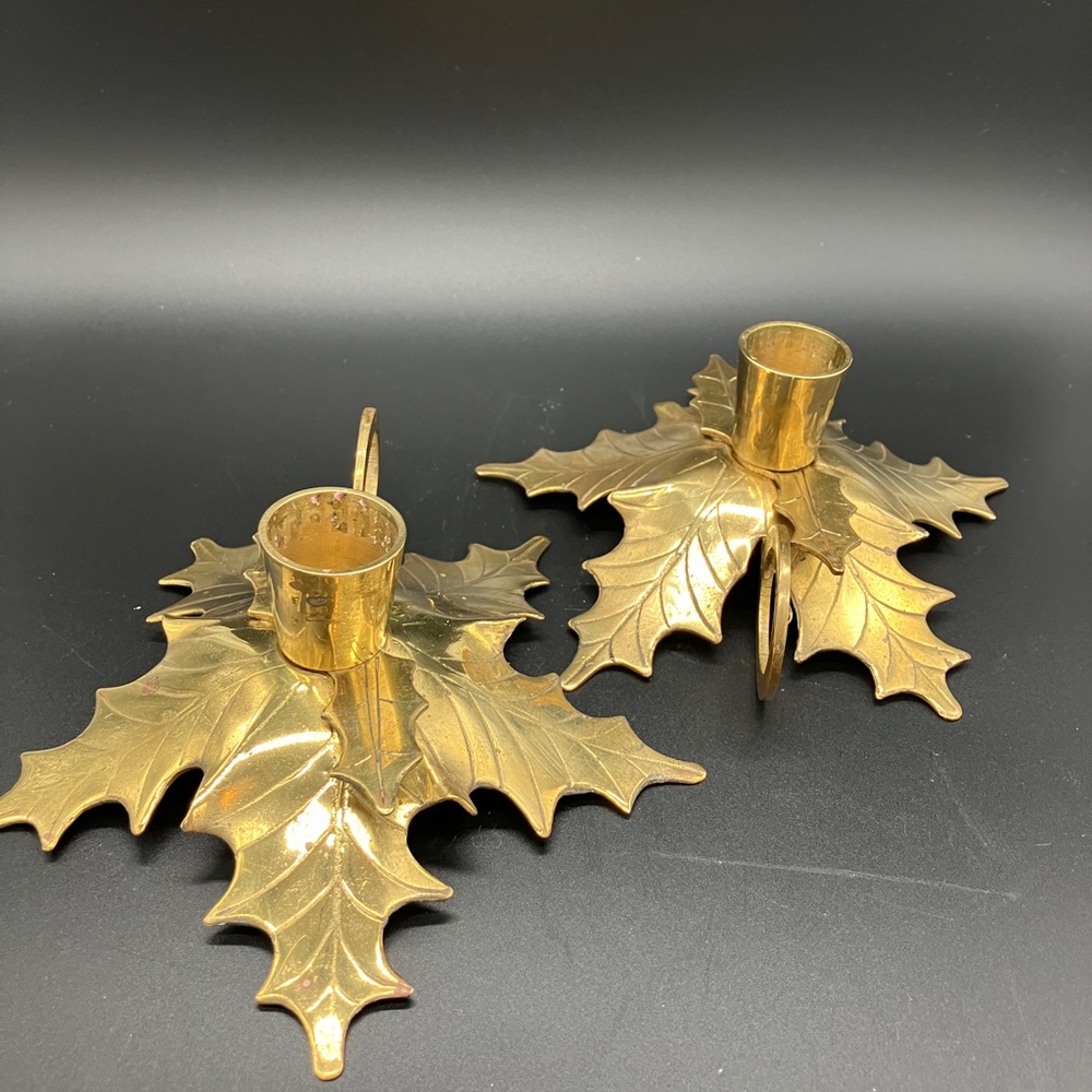 Vintage 1987 Sarna Solid Brass Holly Candleholders with finger ring.  Set of 2.